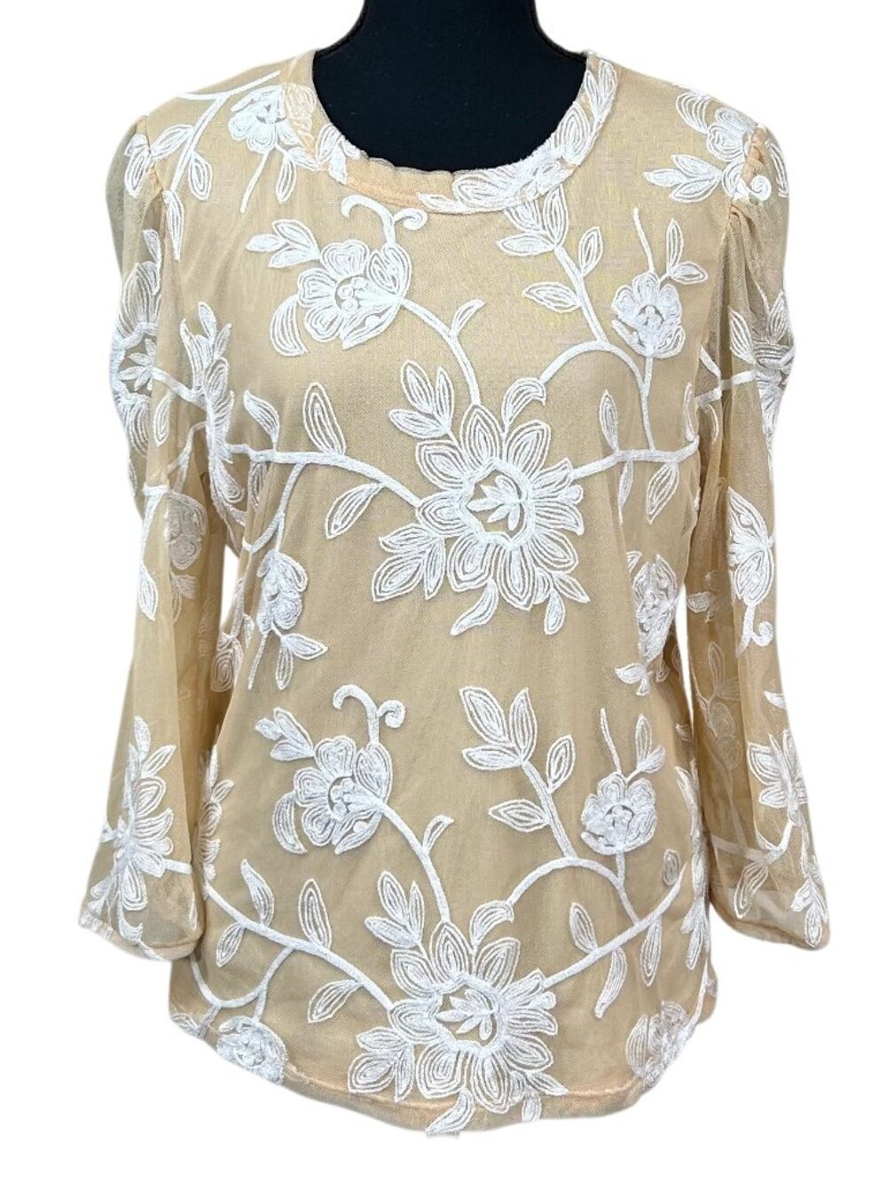 Kim & Cami Yellow Sheer Sleeve Floral Overlay Top Size XL